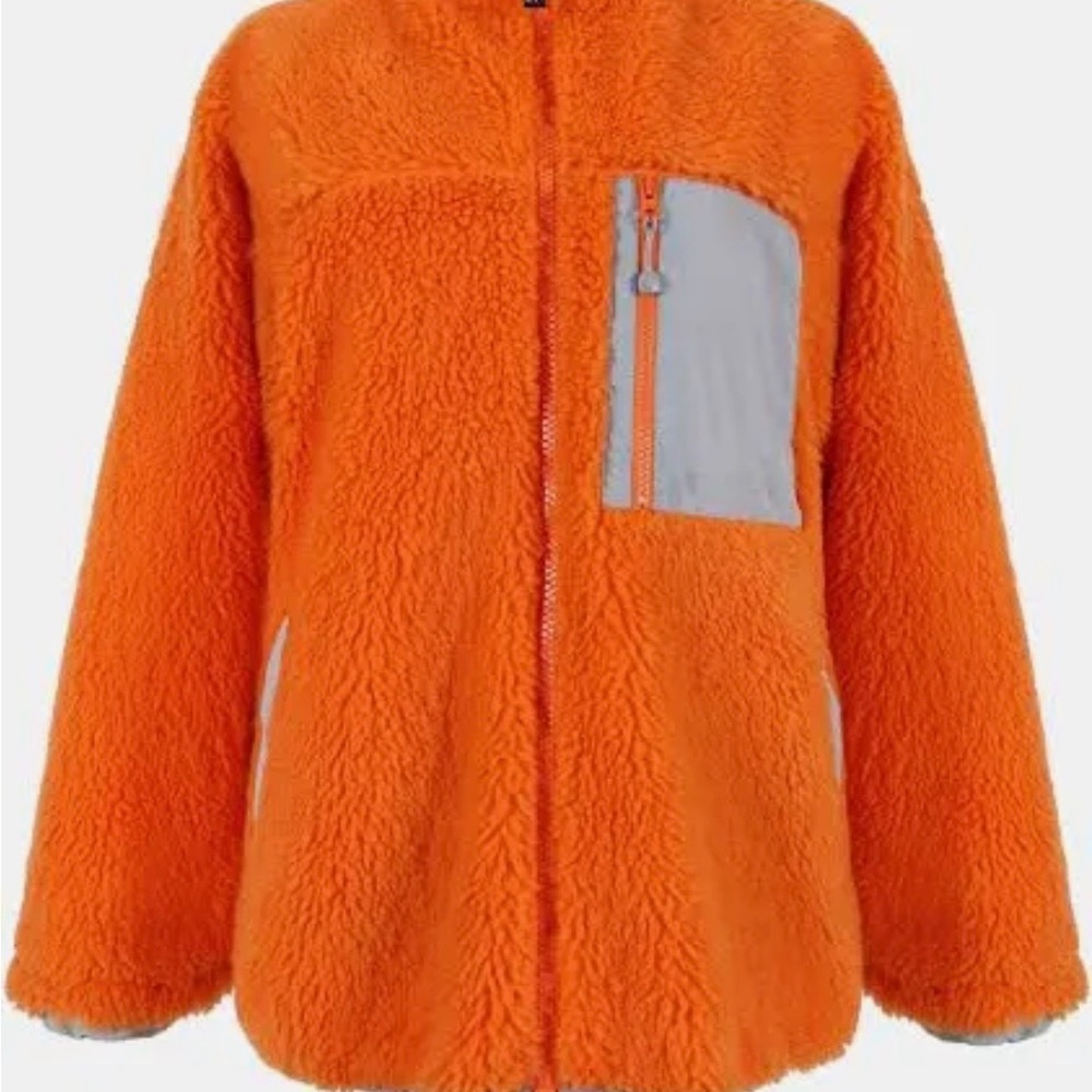sandy Liang Orange Fleece Jacket with Gray Accents, excellent condition, Worn 1x - Picture 2 of 10
